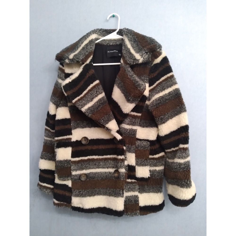 Striped Teddy‎ Bear Coat Fuzzy Sherpa Jacket Oversized Warm Winter